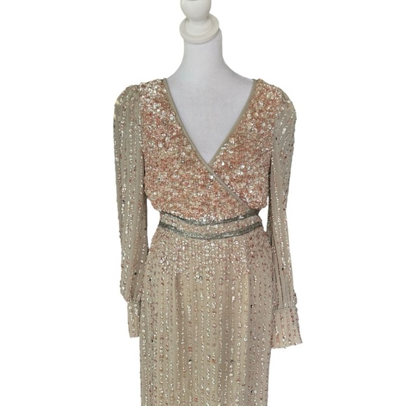 Mac Duggal - NWT Sequin V-Neck Long Bishop-Sleeve Midi Formal Dress - Picture 4 of 12